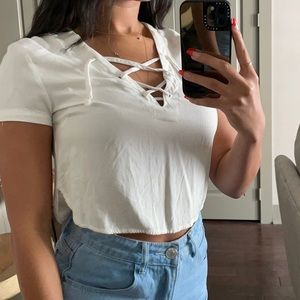 Off white cropped lace shirt